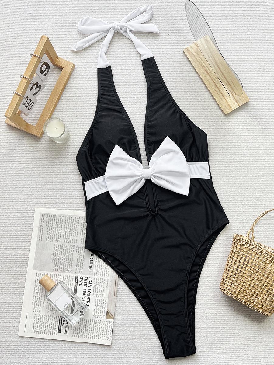 Women's Plunge Halter Bathing Suits - Bow Tie One-Piece Swimsuit - GFIT SPORTS