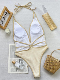 Women's Plunge Halter Beachwear - Beige One-Piece Swimsuit - GFIT SPORTS